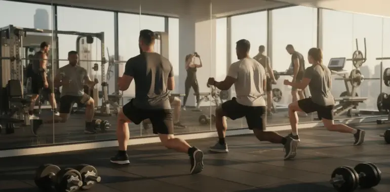 personnes faisant des fentes devant miroir salle moderne