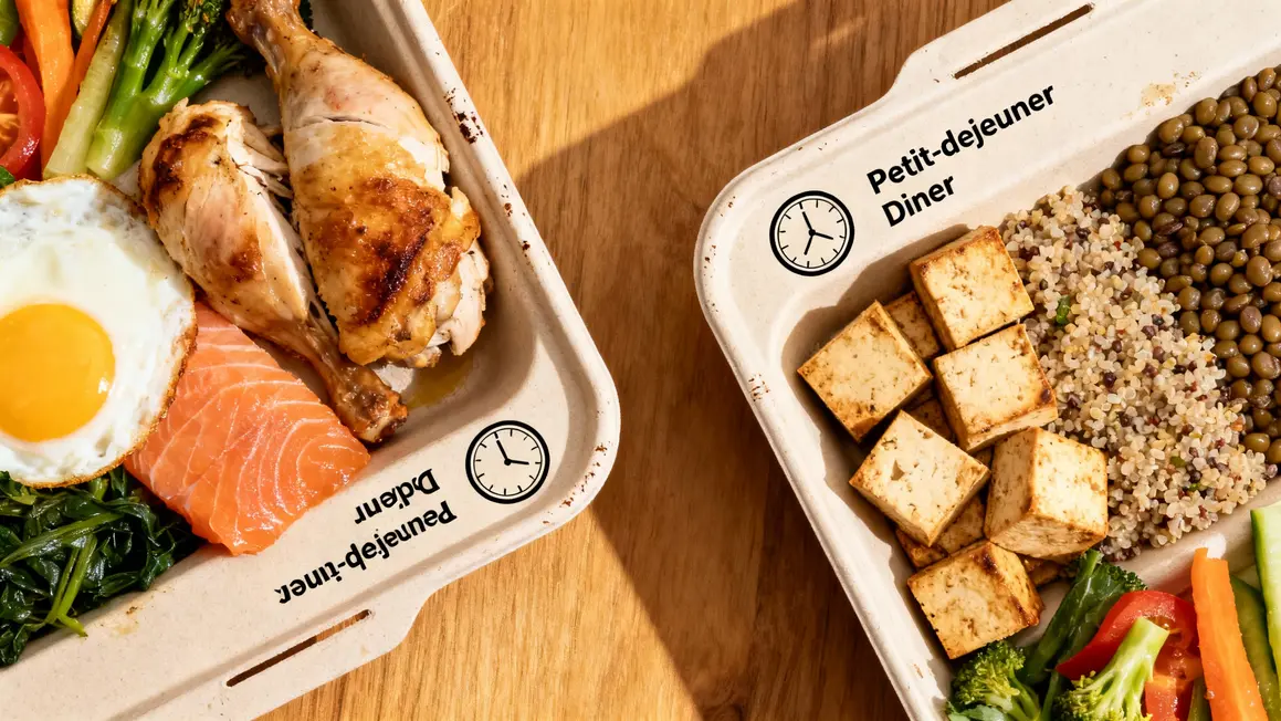 Plateaux repas protéines ventre plat omnivore et végétarien