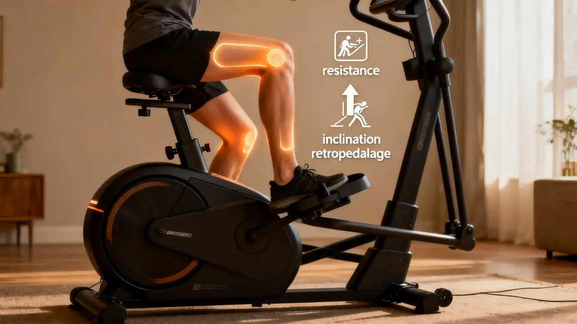 Vue latérale travail cuisses fessiers mollets vélo elliptique réglages