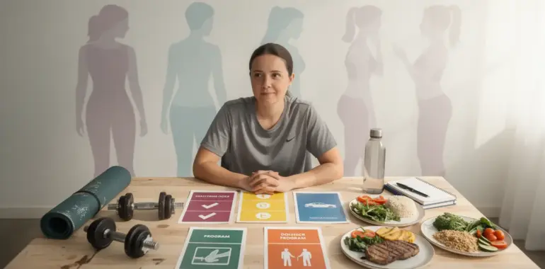 personne choisissant programme minceur tableaux comparatifs alimentation haltere