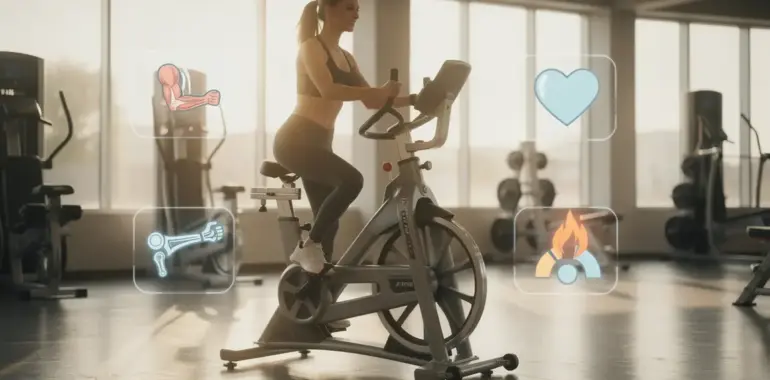 Vélo elliptique central action posture sportive muscles cardio