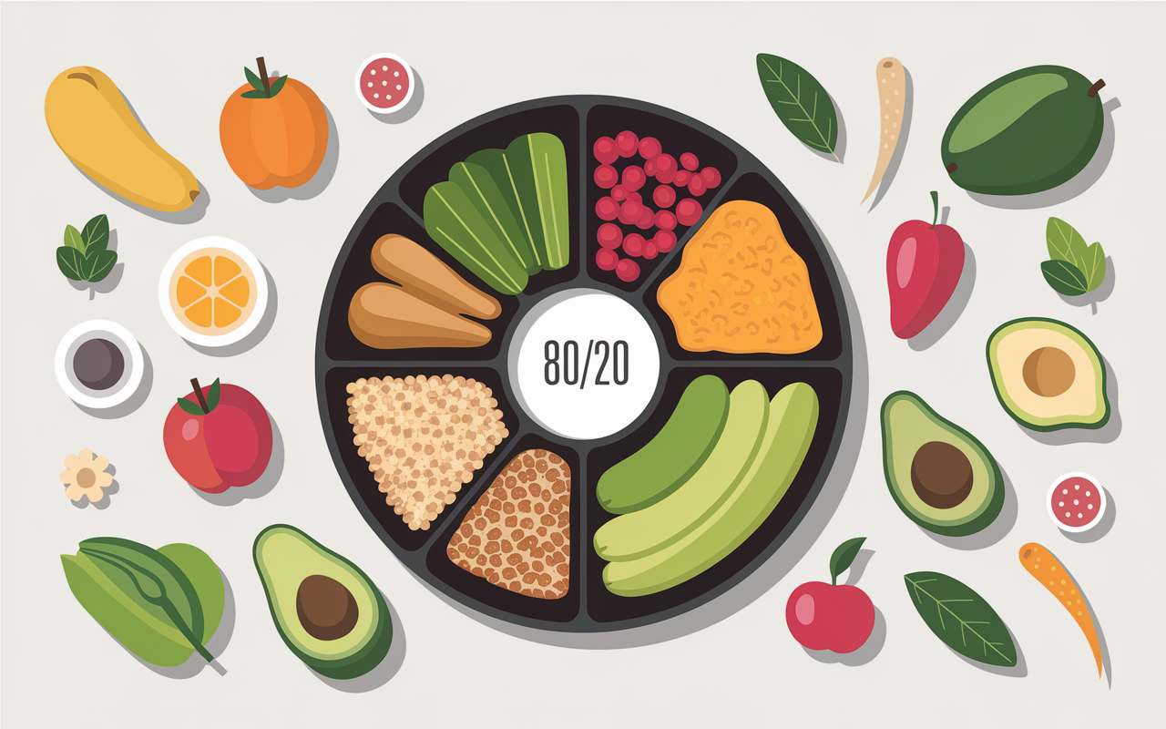 Assiette légumes fruits céréales, alimentation 80 20, nourriture healthy