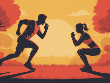 Silhouettes jogging et musculation dans parc, lever du soleil