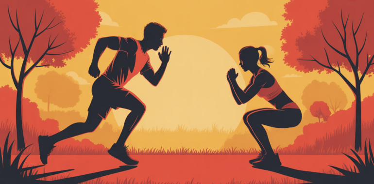 Silhouettes jogging et musculation dans parc, lever du soleil