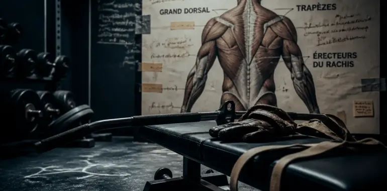 Dos musculation : barre de tirage sur banc pour posture en V