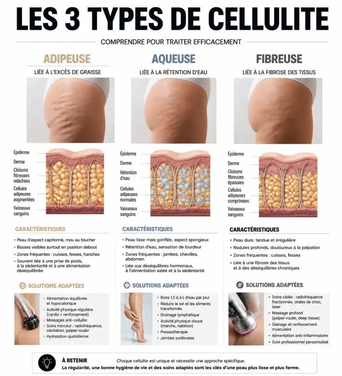 Infographie explicative des types de cellulite des cuisses et solutions pour les perdre