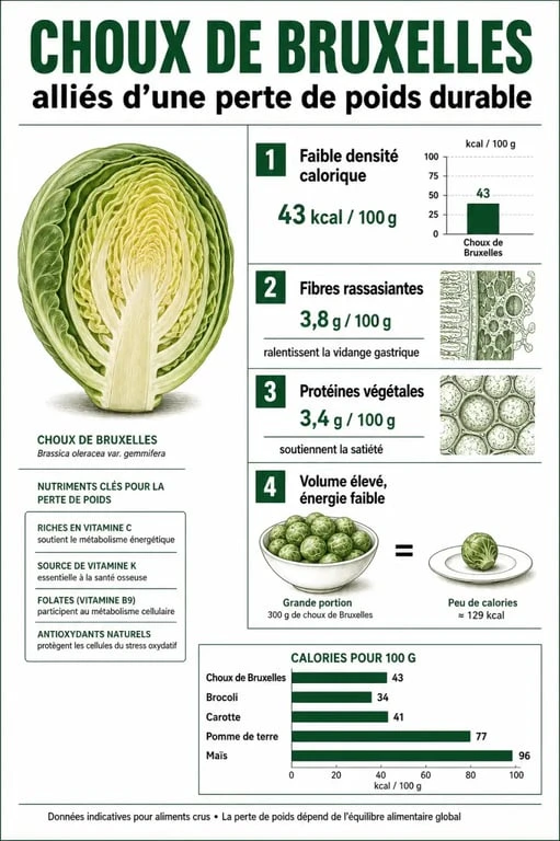 Infographie des bienfaits nutritionnels des choux de Bruxelles pour maigrir et comparaison avec d'autres légumes