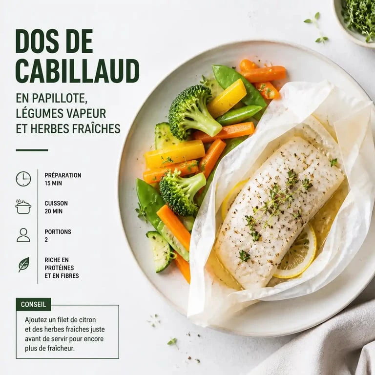 Menu semaine sans graisse : dos de cabillaud en papillote et légumes vapeur