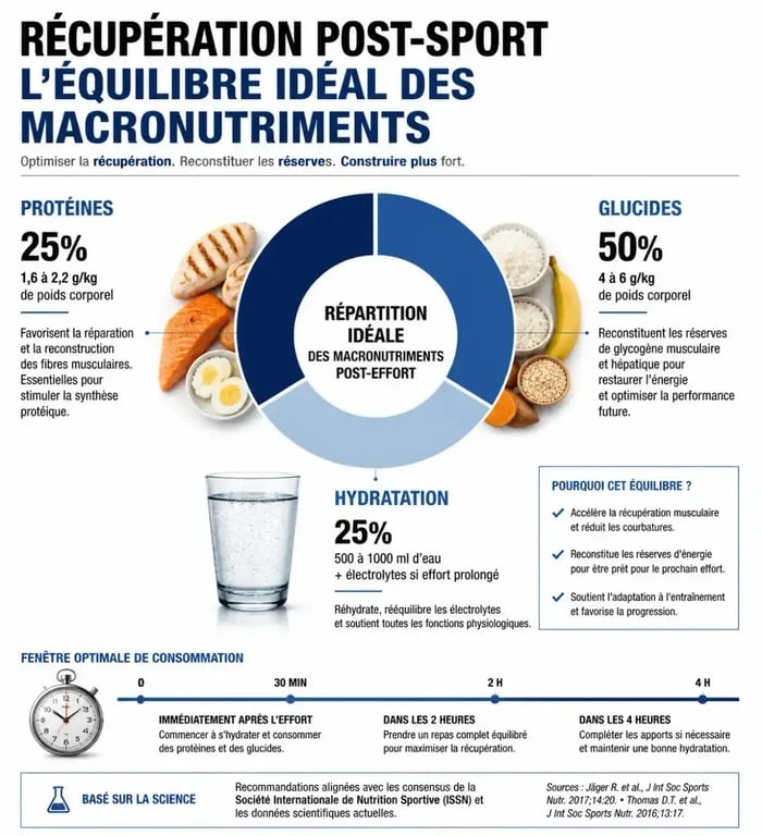 Infographie sur l'alimentation et la récupération après le sport : protéines et glucides pour optimiser la performance