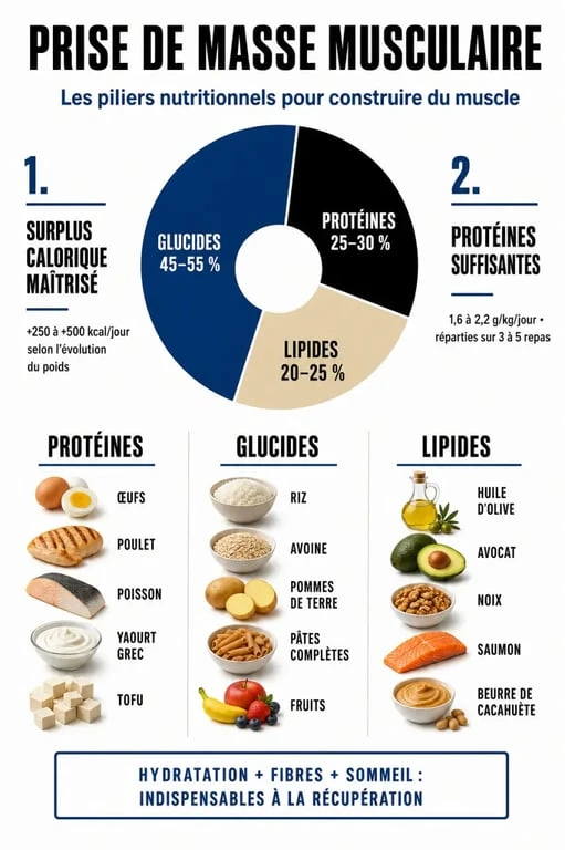 Infographie des aliments clés et macronutriments pour une prise de masse musculaire efficace