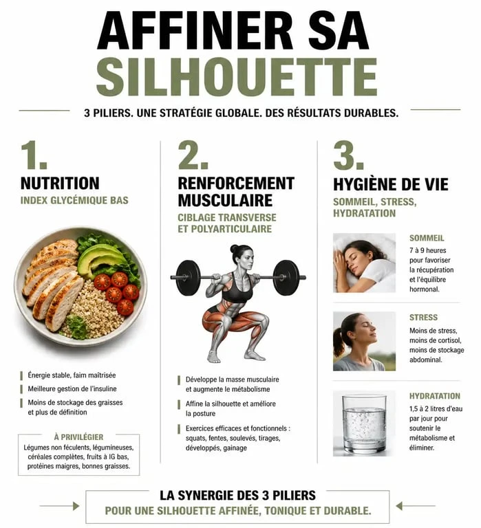 Infographie des trois piliers pour perdre des cuisses et du ventre : nutrition, sport et hygiène de vie.
