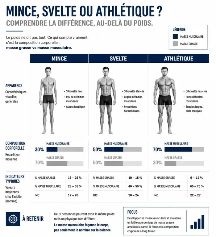 Infographie comparative des silhouettes mince, svelte et athlétique pour comprendre la composition corporelle et atteindre un corps svelte.