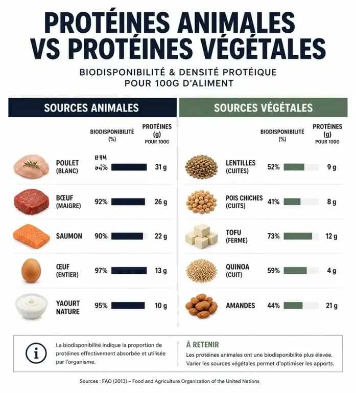 Infographie comparative des sources de protéines animales et végétales pour un repas riche en protéines