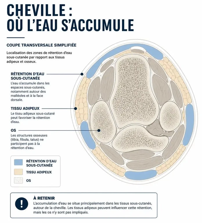 Schéma explicatif des causes de l'épaisseur des chevilles : rétention d'eau, graisse et structure osseuse