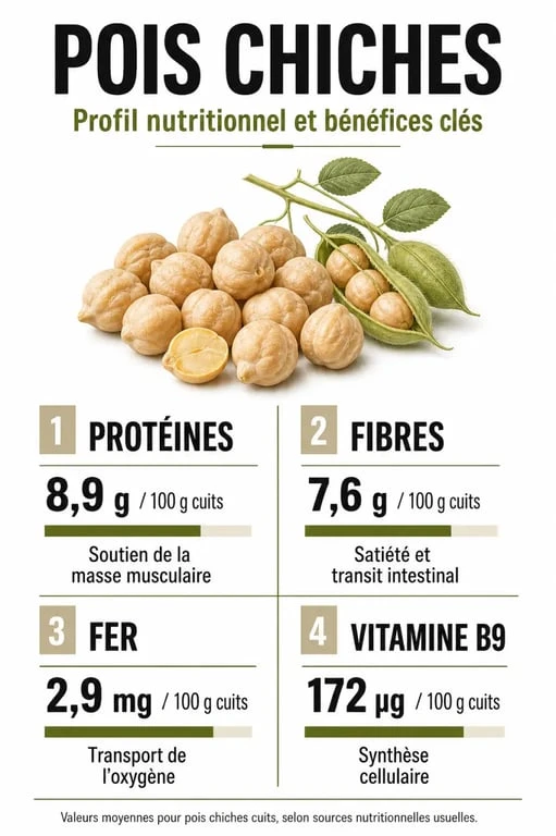 Infographie des bienfaits des pois chiches pour la santé et profil nutritionnel complet