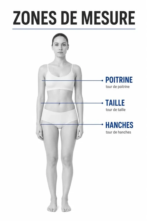 Schéma des zones de mesure pour déterminer les mensurations idéales d'une femme de 1m60