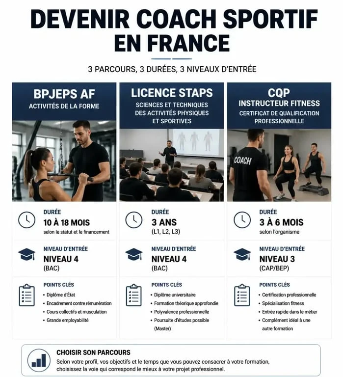 Infographie comparative des formations pour coach sportif : BPJEPS, STAPS et CQP