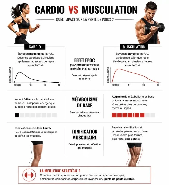 Infographie comparative : musculation vs cardio pour maigrir et perdre du gras