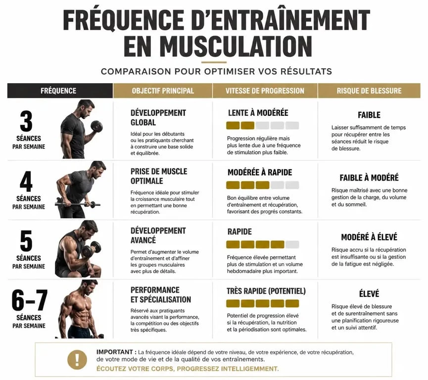 Infographie comparative des résultats de la musculation 5 fois par semaine selon la fréquence d'entraînement