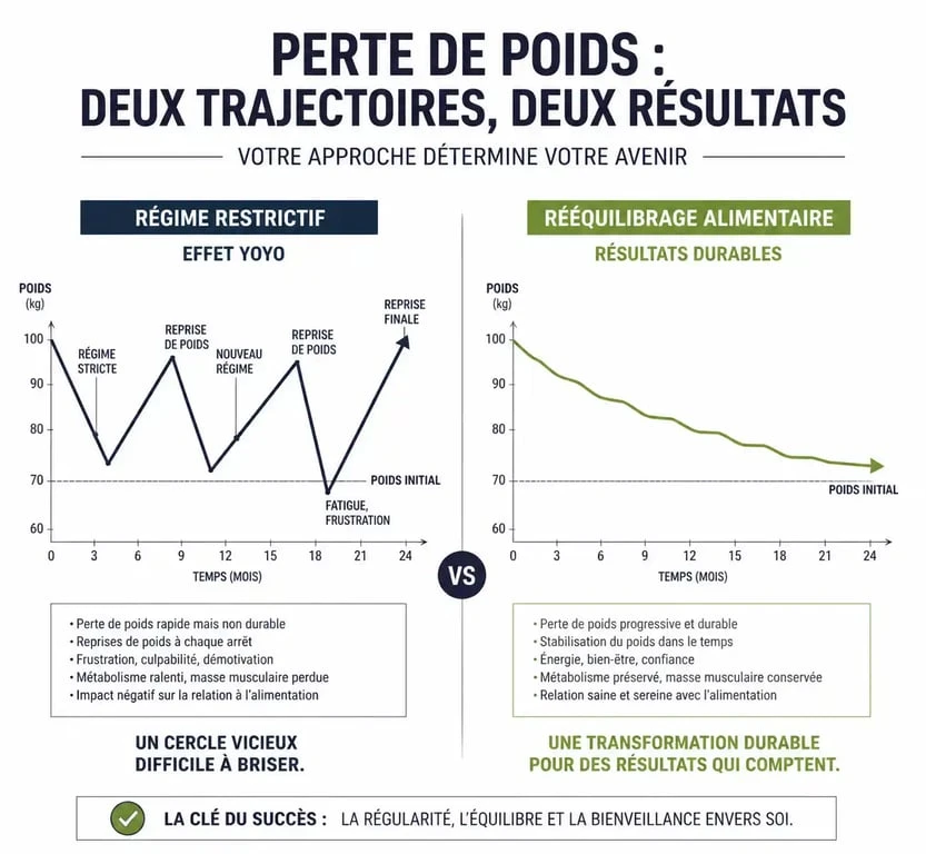 Infographie comparant les effets d'un régime restrictif avec effet yoyo par rapport à un rééquilibrage alimentaire durable pour une perte de poids avant et après un régime.