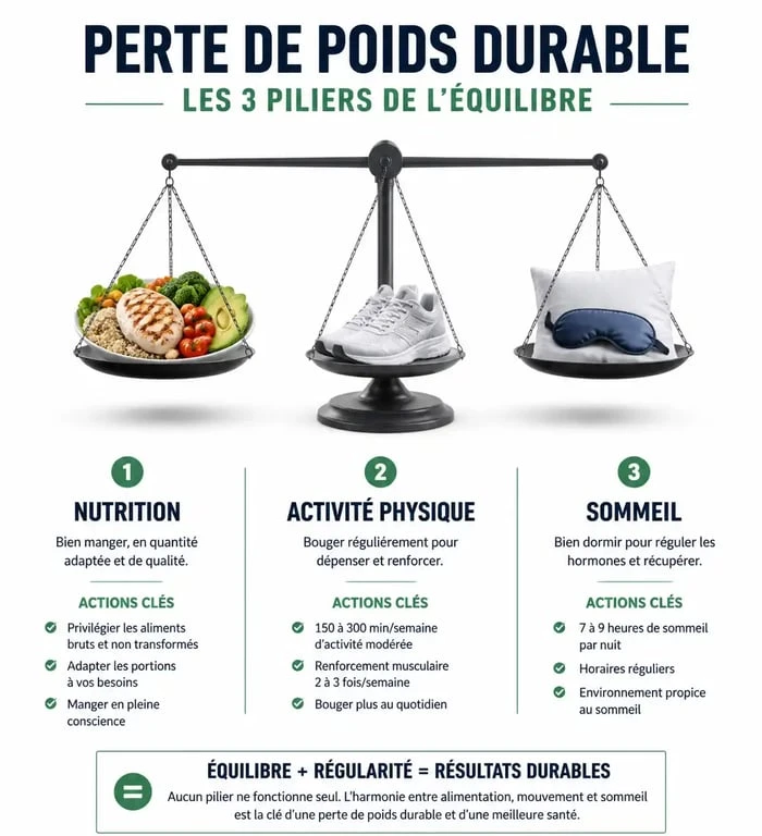 Infographie des piliers pour maigrir vite et bien : nutrition, sport et sommeil