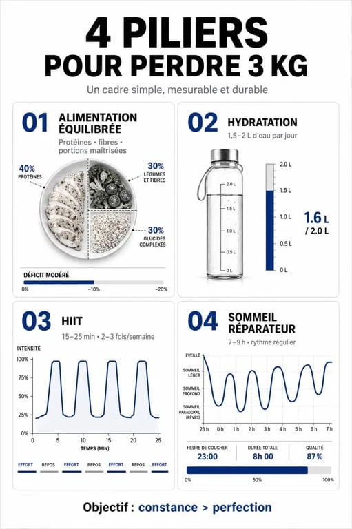 Infographie des 4 piliers pour perdre 3 kg : alimentation, hydratation, sport et sommeil