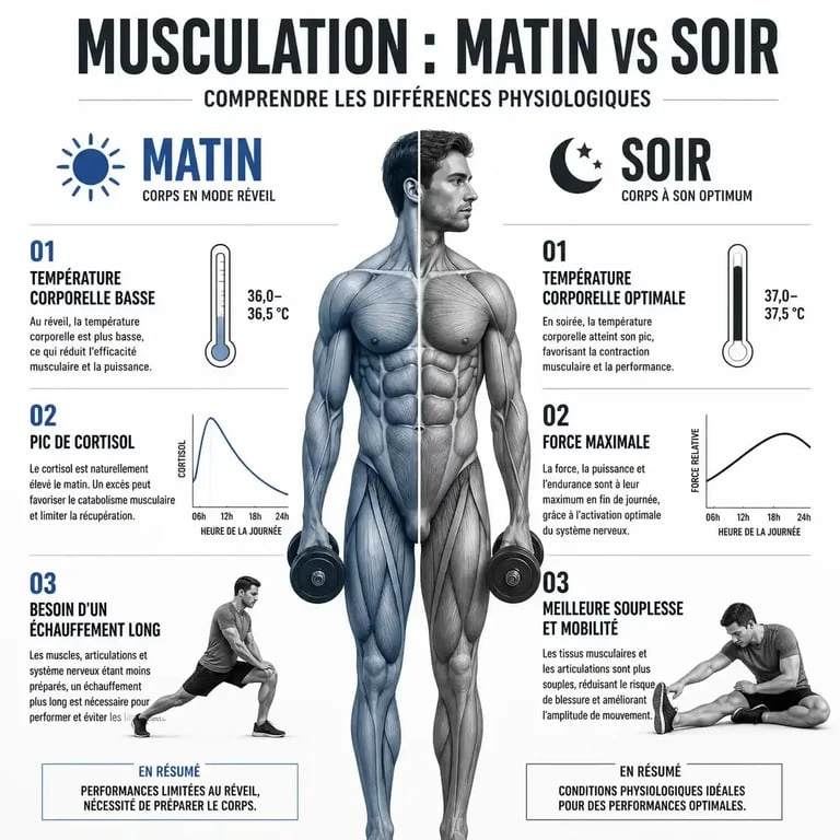 Infographie comparative des effets de la musculation le matin vs le soir sur le corps