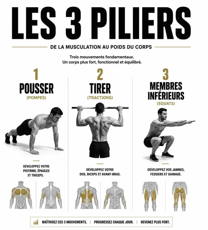 Infographie des exercices fondamentaux de musculation poids du corps programme