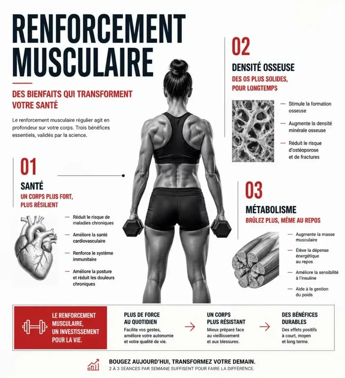 Infographie sur les bienfaits d'une séance de renforcement musculaire pour la santé