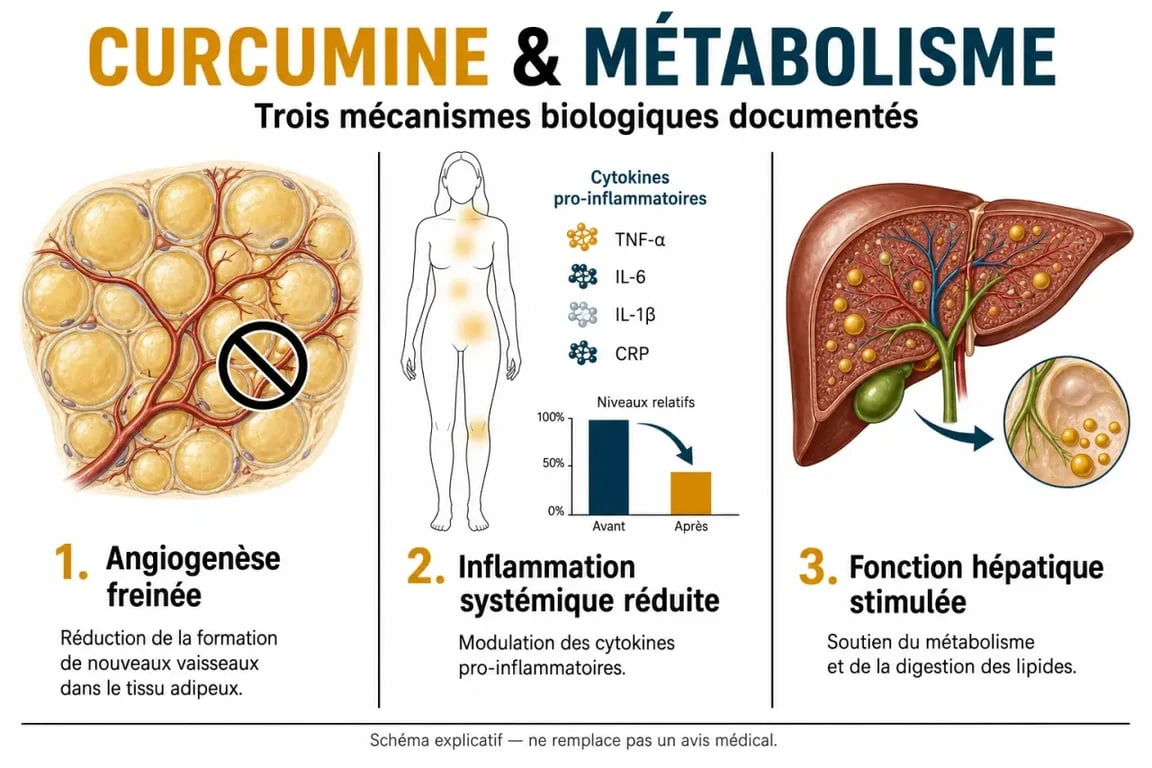 Infographie des mécanismes d'action du curcuma et de la curcumine sur la perte de poids et le métabolisme