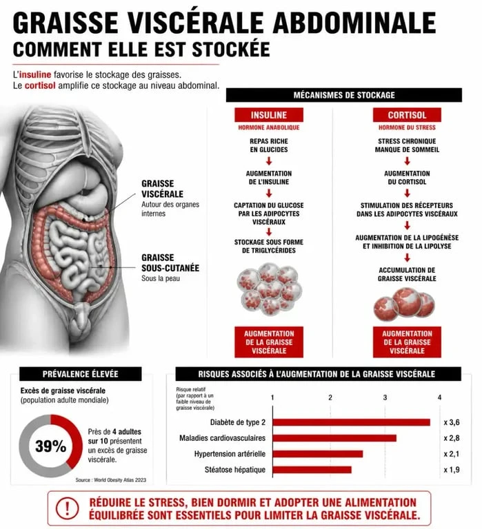 Infographie expliquant les mécanismes de stockage de la graisse abdominale et ce qui fait maigrir du ventre