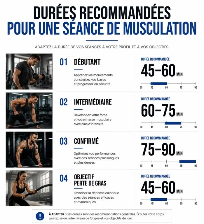 Infographie sur la durée idéale d'une séance de musculation selon le niveau et les objectifs