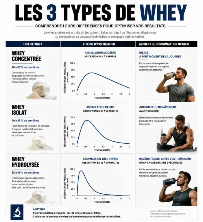 Infographie comparative des types de whey et moments de prise pour optimiser la musculation