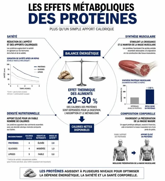 Infographie sur les effets des protéines sur le métabolisme et la satiété pour comprendre si les protéines font grossir