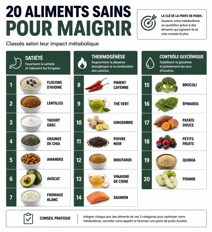 Infographie des 20 aliments qui font maigrir et leurs bienfaits nutritionnels