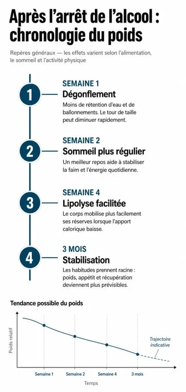 Infographie sur la perte de poids après l'arrêt de l'alcool : chronologie des bénéfices sur la silhouette et le métabolisme.