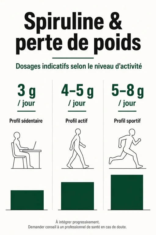 Infographie des dosages de spiruline par jour pour maigrir selon le niveau d'activité physique