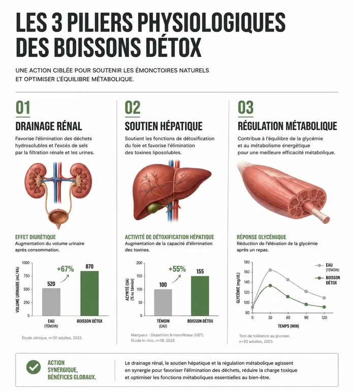 Infographie expliquant les bienfaits physiologiques d'une boisson detox pour maigrir sur le métabolisme et le drainage.