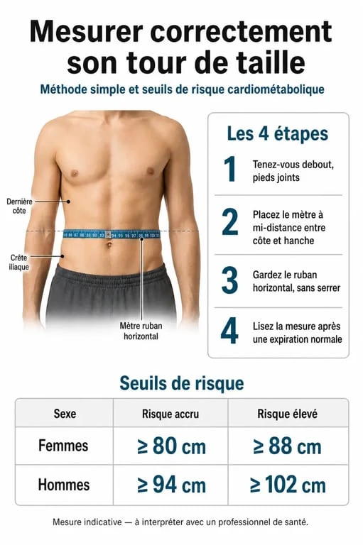 Infographie illustrant la méthode de mesure du tour de taille et les seuils de risque pour la santé