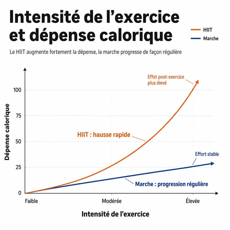 Infographie sur la dépense calorique : intensité et durée pour brûler 1000 calories par jour.