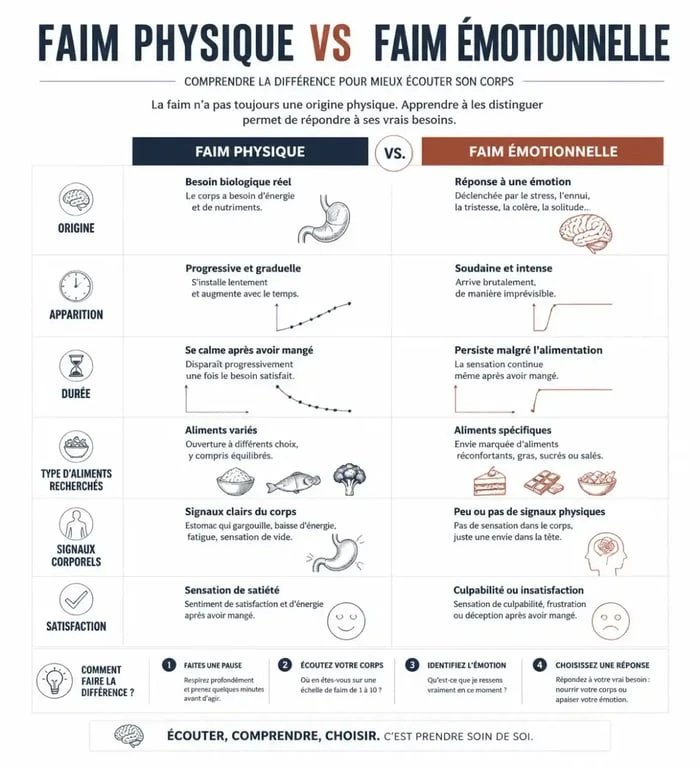 Infographie comparant la faim physique et la faim émotionnelle pour mieux maigrir sans volonté