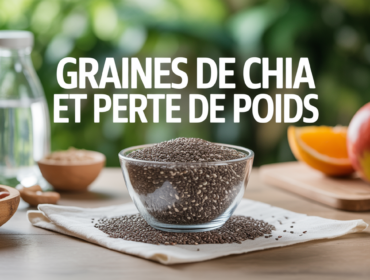 Bol graines de chia, fruits, texte perte de poids
