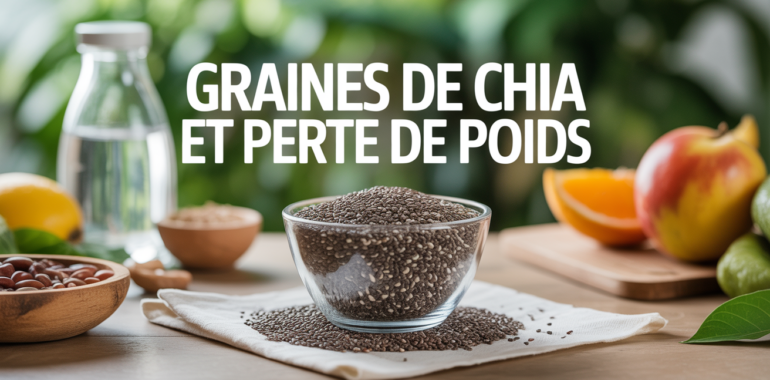 Bol graines de chia, fruits, texte perte de poids