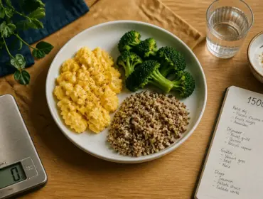 Menu 1500 calories par jour : protéines, légumes et féculents, yaourt et eau