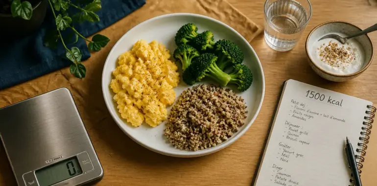 Menu 1500 calories par jour : protéines, légumes et féculents, yaourt et eau