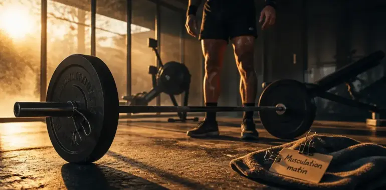 Musculation le matin en studio, athlète près d’une barre