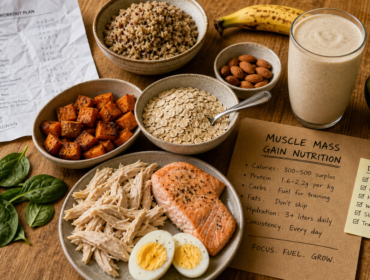 Prise de masse musculaire aliments : assiettes riches en protéines, avoine, quinoa et patate douce