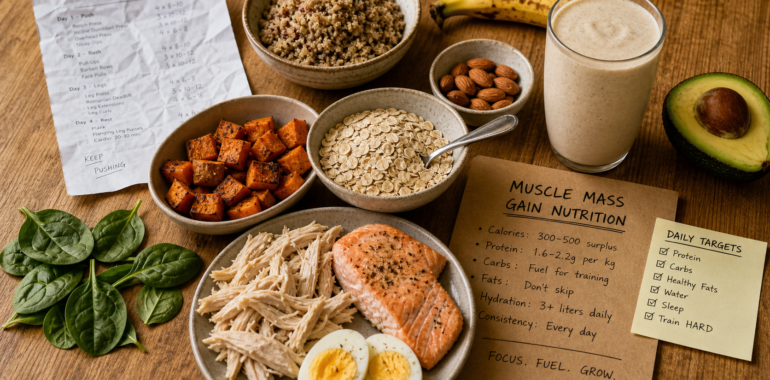 Prise de masse musculaire aliments : assiettes riches en protéines, avoine, quinoa et patate douce