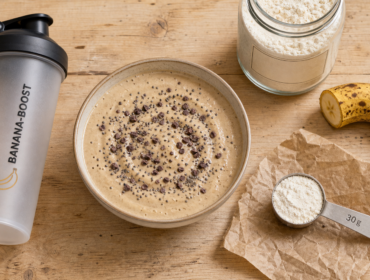 Protéine banane en smoothie bowl, shaker et poudre de protéines