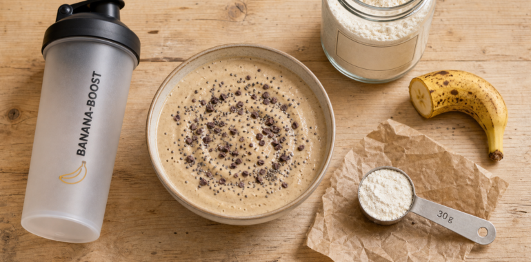 Protéine banane en smoothie bowl, shaker et poudre de protéines